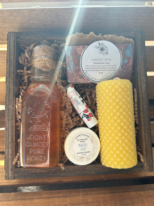 Gift Set in Wooden Gift Box | Harvest Spice Soap | 8oz Honey Muth | 6oz Beeswax Pillar Candle | Beeswax Lip Balm | Shower Steamer