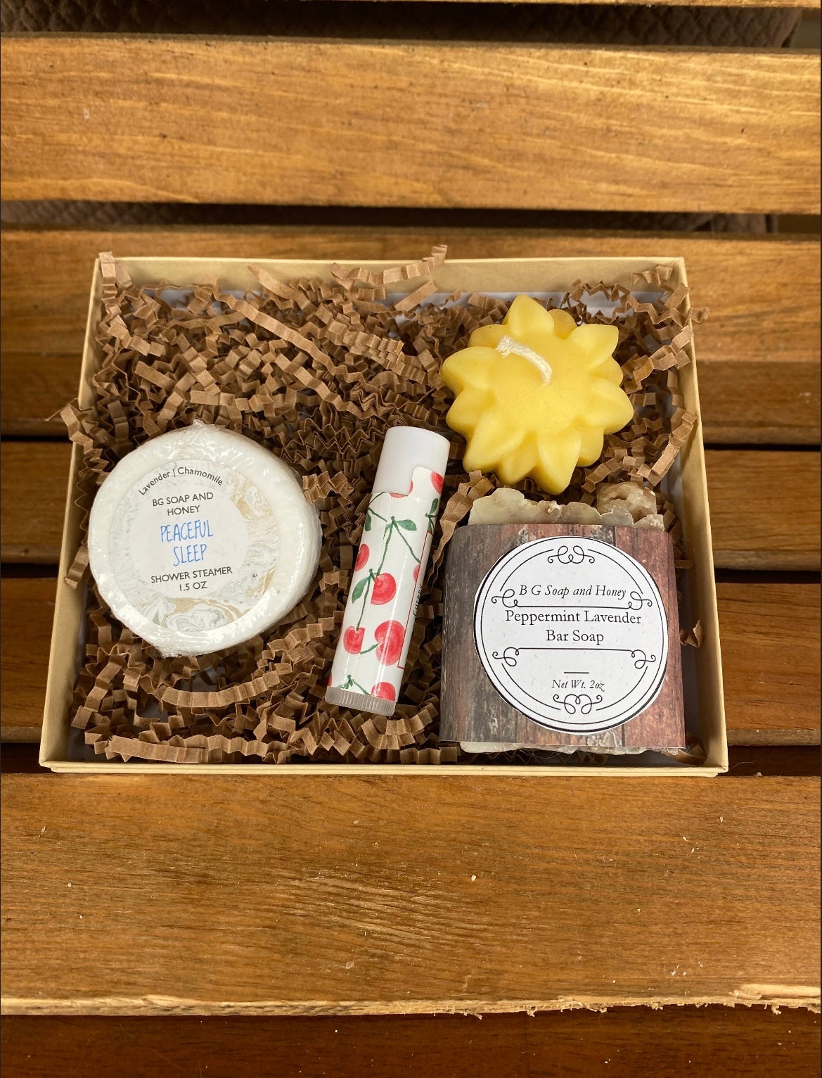 Shower Steamer, Peppermint Lavender Soap, Lip Balm, Flower Candle- Gift Box