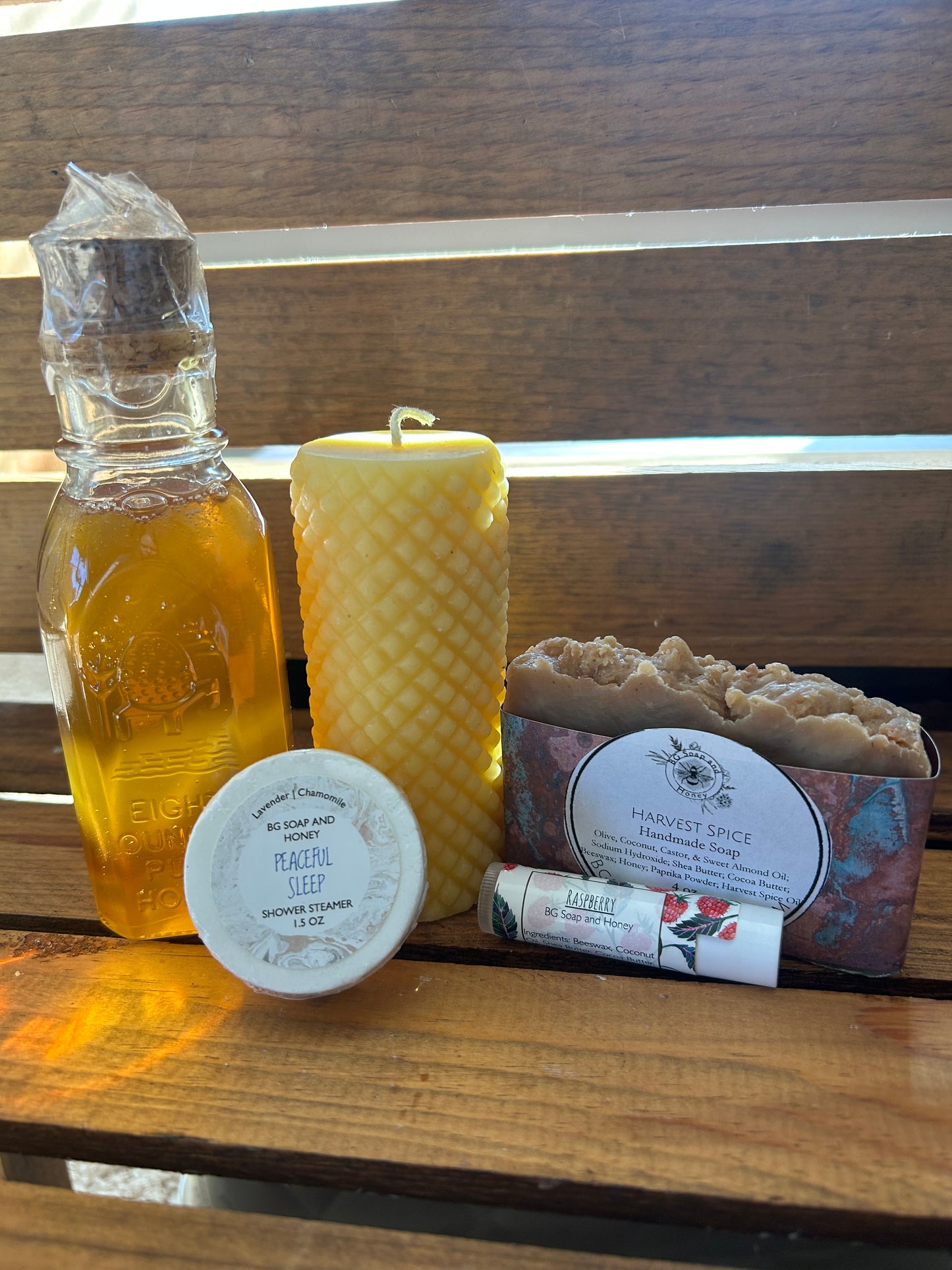 Gift Set in Wooden Gift Box | Harvest Spice Soap | 8oz Honey Muth | 6oz Beeswax Pillar Candle | Beeswax Lip Balm | Shower Steamer