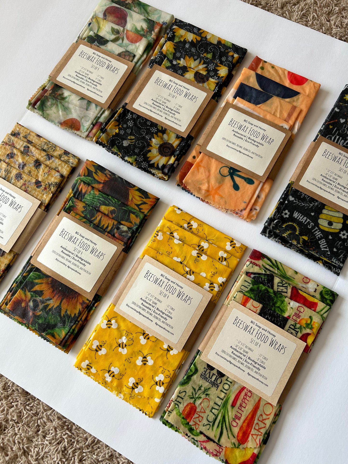 Beeswax Food Wrap Set of 4 - 6 patterns to choose from- Reusable Food Wraps - Food Storage - Green Living - Eco Friendly Kitchen