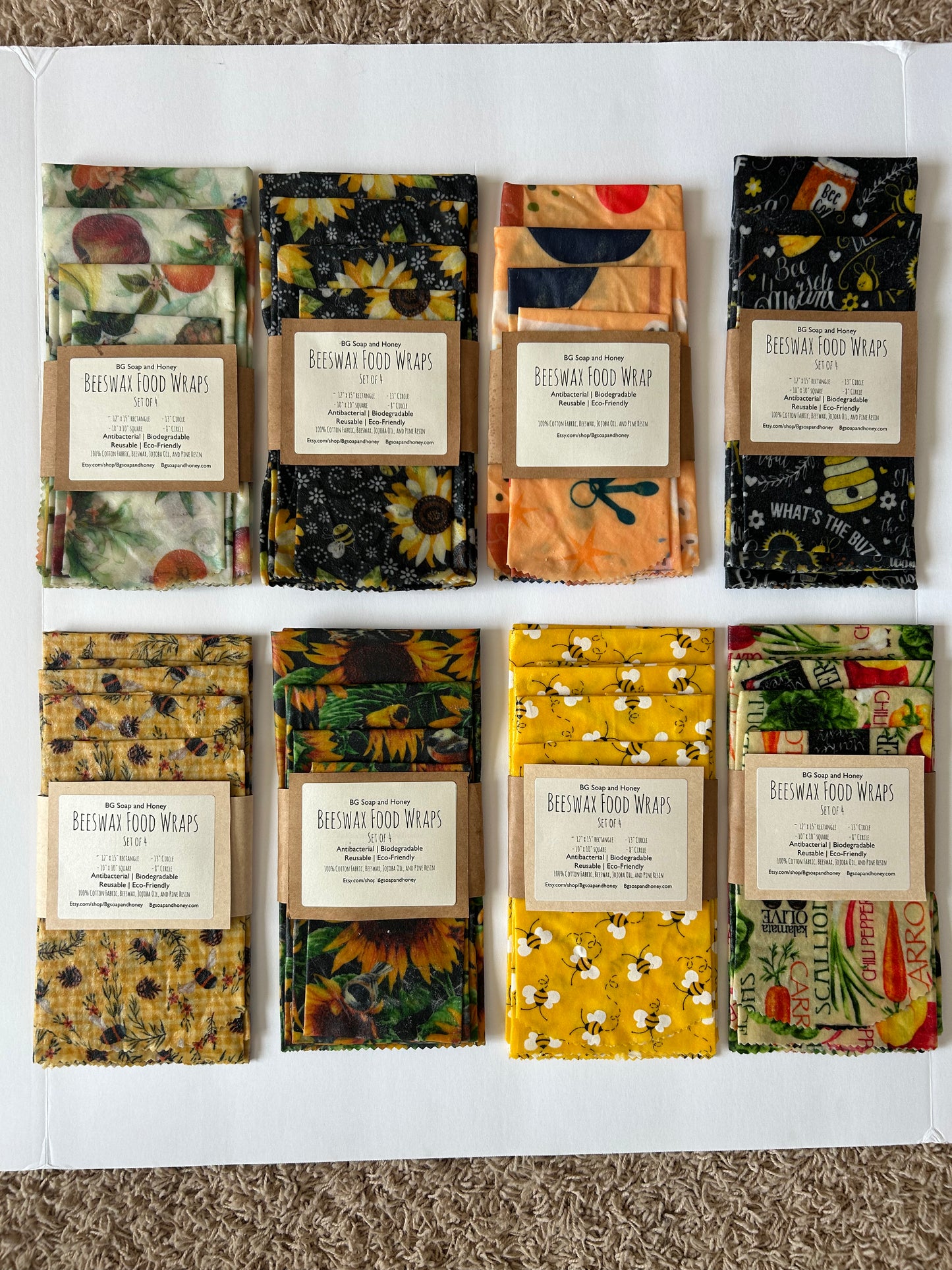 Beeswax Food Wrap Set of 4 - 6 patterns to choose from- Reusable Food Wraps - Food Storage - Green Living - Eco Friendly Kitchen