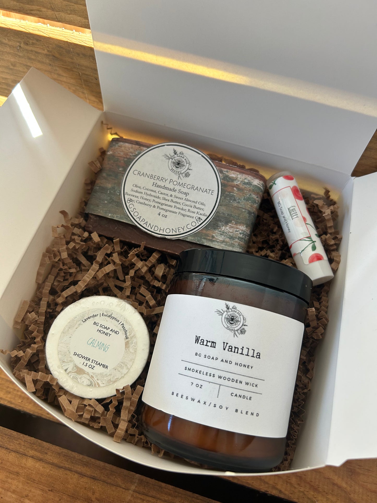 Natural Product Gift Set | Cranberry Pomegranate Soap | Warm Vanilla Beeswax Soy Candle | Shower Steamer | Beeswax Lip Balm