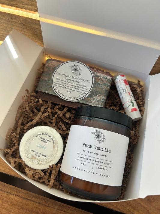 Natural Product Gift Set | Cranberry Pomegranate Soap | Warm Vanilla Beeswax Soy Candle | Shower Steamer | Beeswax Lip Balm