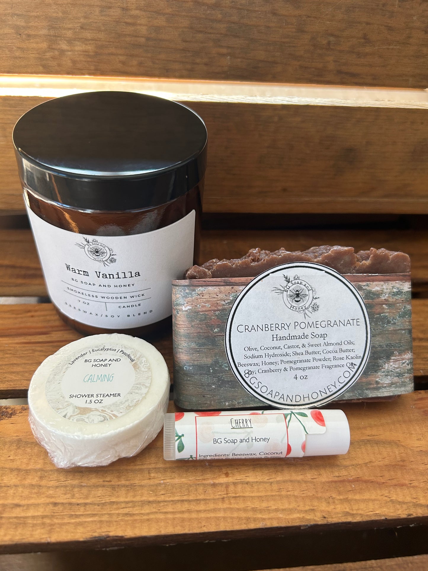 Natural Product Gift Set | Cranberry Pomegranate Soap | Warm Vanilla Beeswax Soy Candle | Shower Steamer | Beeswax Lip Balm