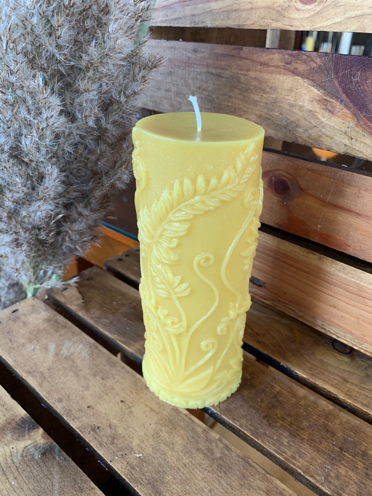 Beeswax Pillar Candle- fern leaf cylinder