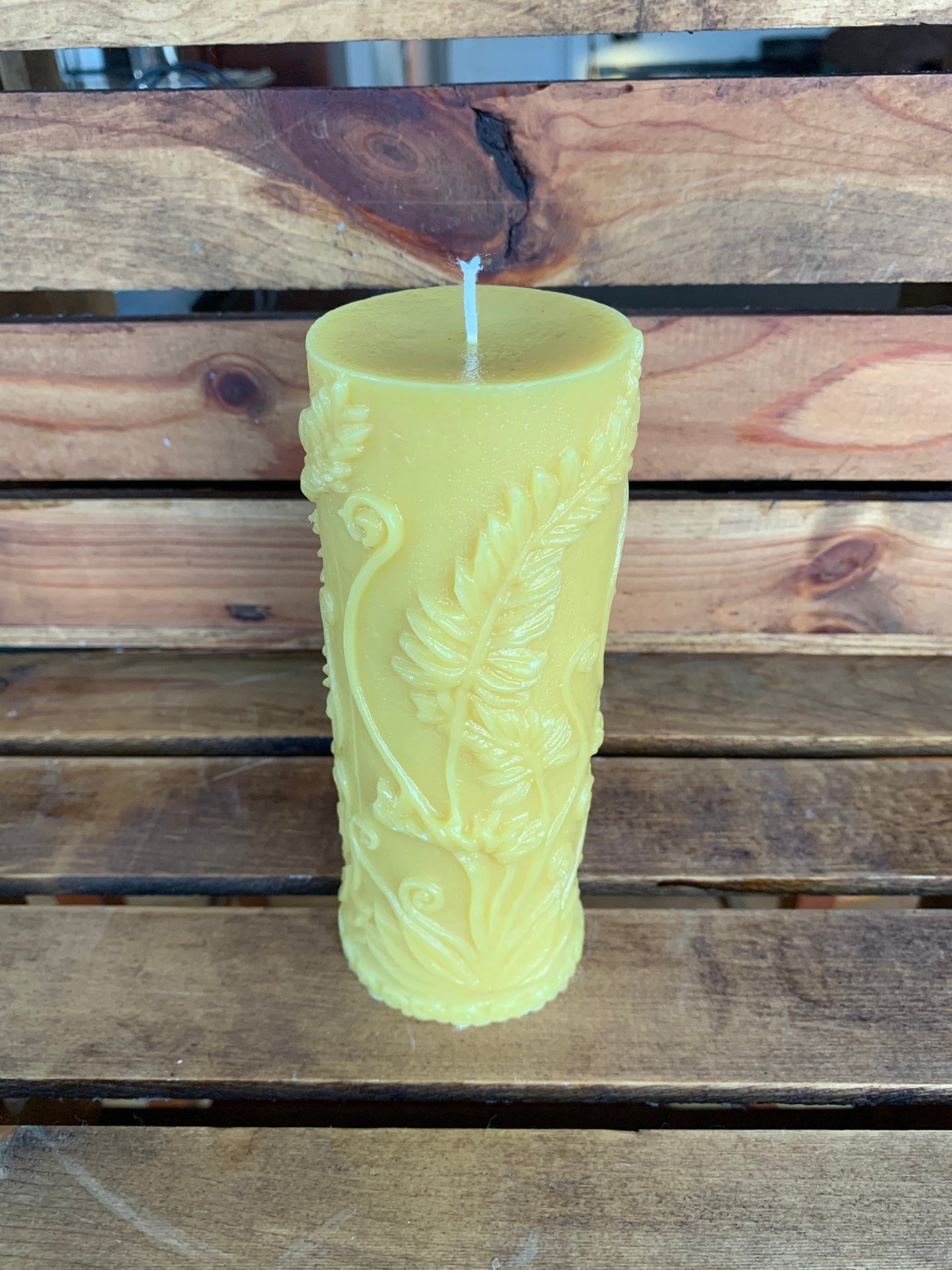Beeswax Pillar Candle- fern leaf cylinder