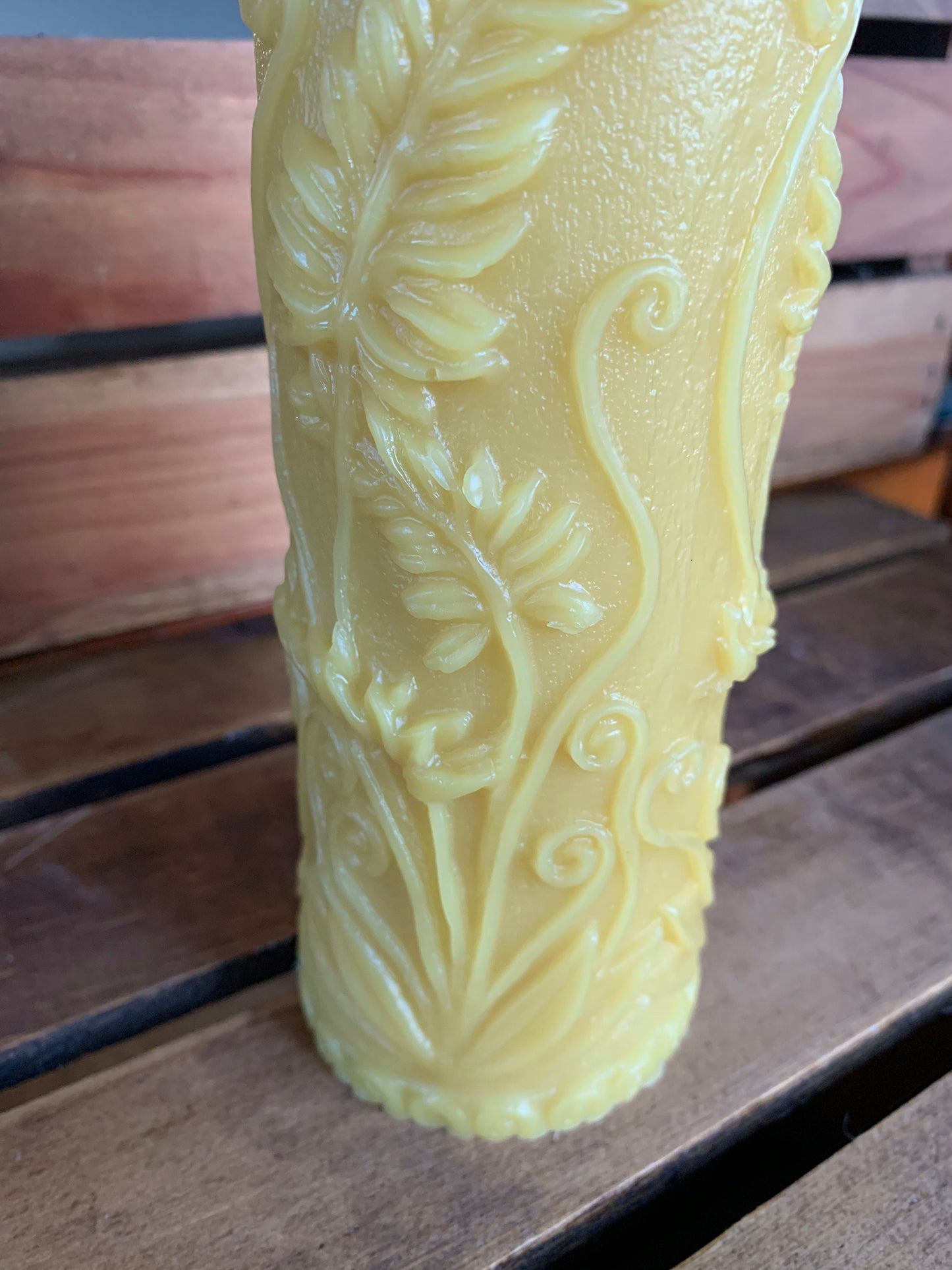 Beeswax Pillar Candle- fern leaf cylinder