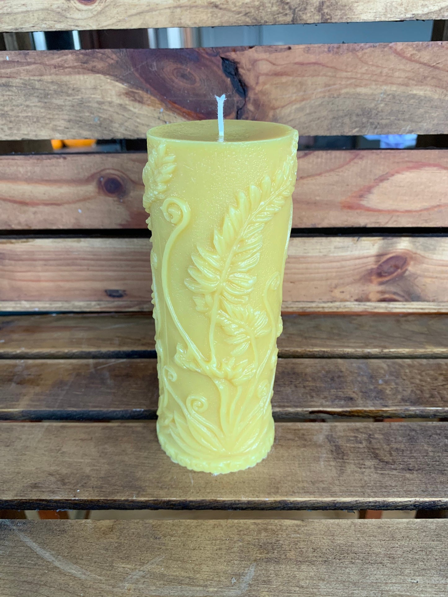Beeswax Pillar Candle- fern leaf cylinder