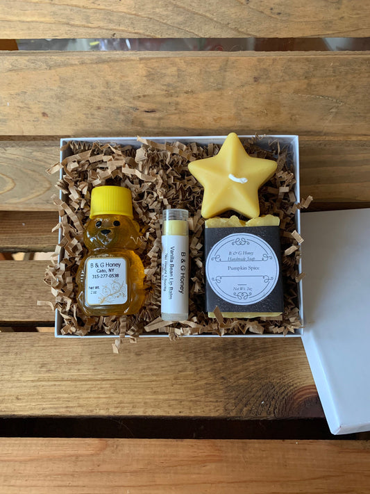 Honey, Soap and Candle Gift Box- Raw Wildflower Honey- Lavender Soap-Vanilla Soap- Lip Balm and Star or Heart Candle -Palm Free Soap