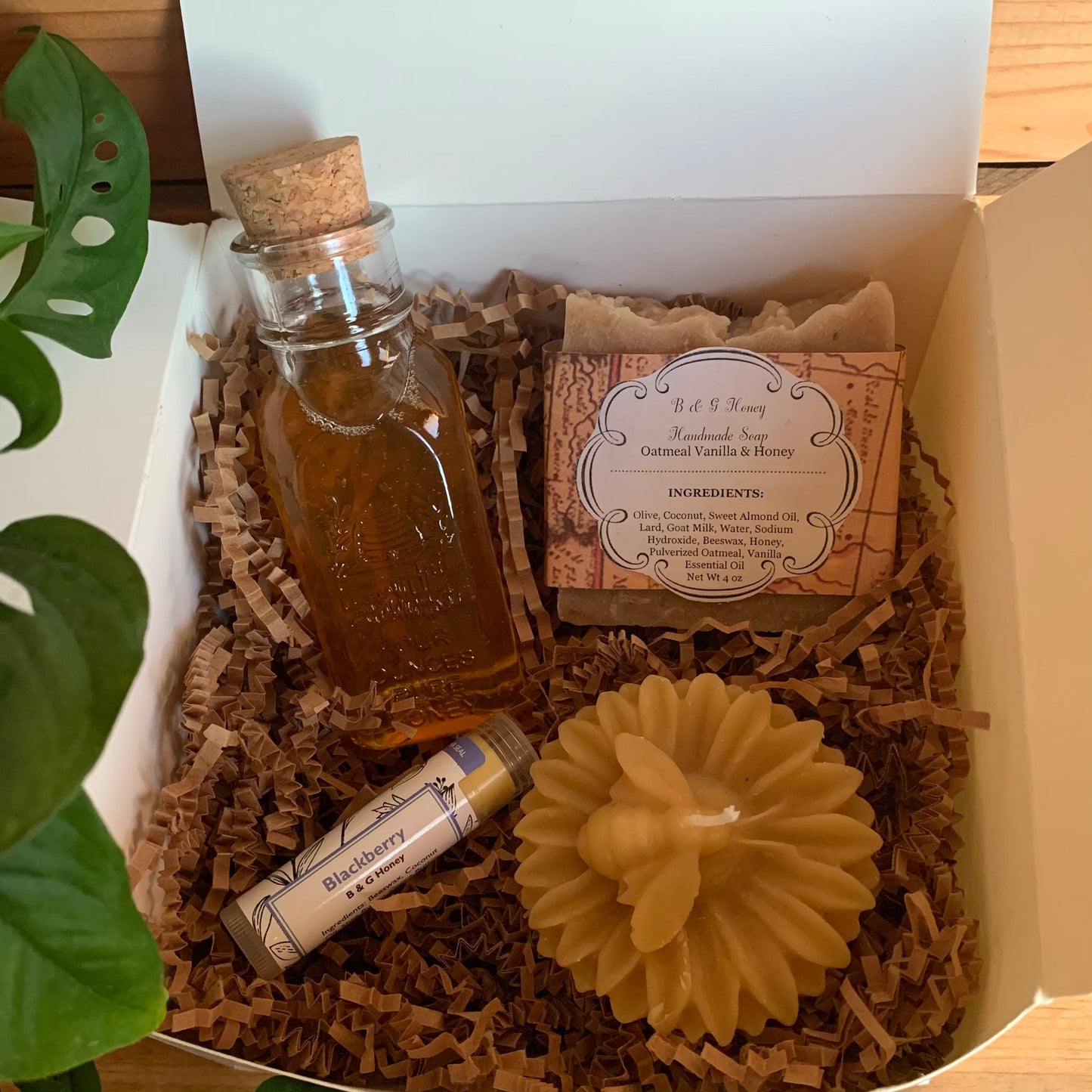 Gift Box- Gift Package- Mother’s Day- Vintage Honey Bottle- Vanilla Oatmeal Soap- Lip Balm- Lotion or Beeswax Sunflower and Honeybee Candle
