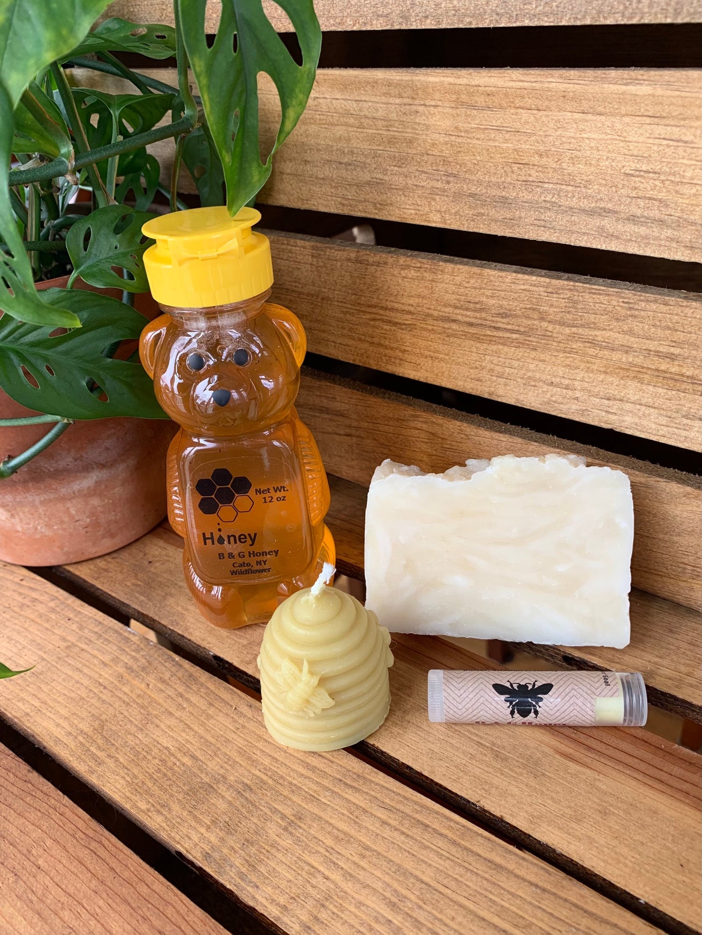 Gift Package- 12oz Honey Bear- Lemon Exfoliating Soap- Beehive Candle- Honey Lip Balm