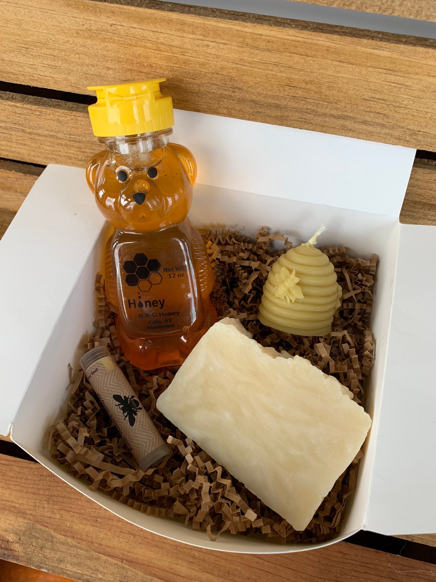 Gift Package- 12oz Honey Bear- Lemon Exfoliating Soap- Beehive Candle- Honey Lip Balm