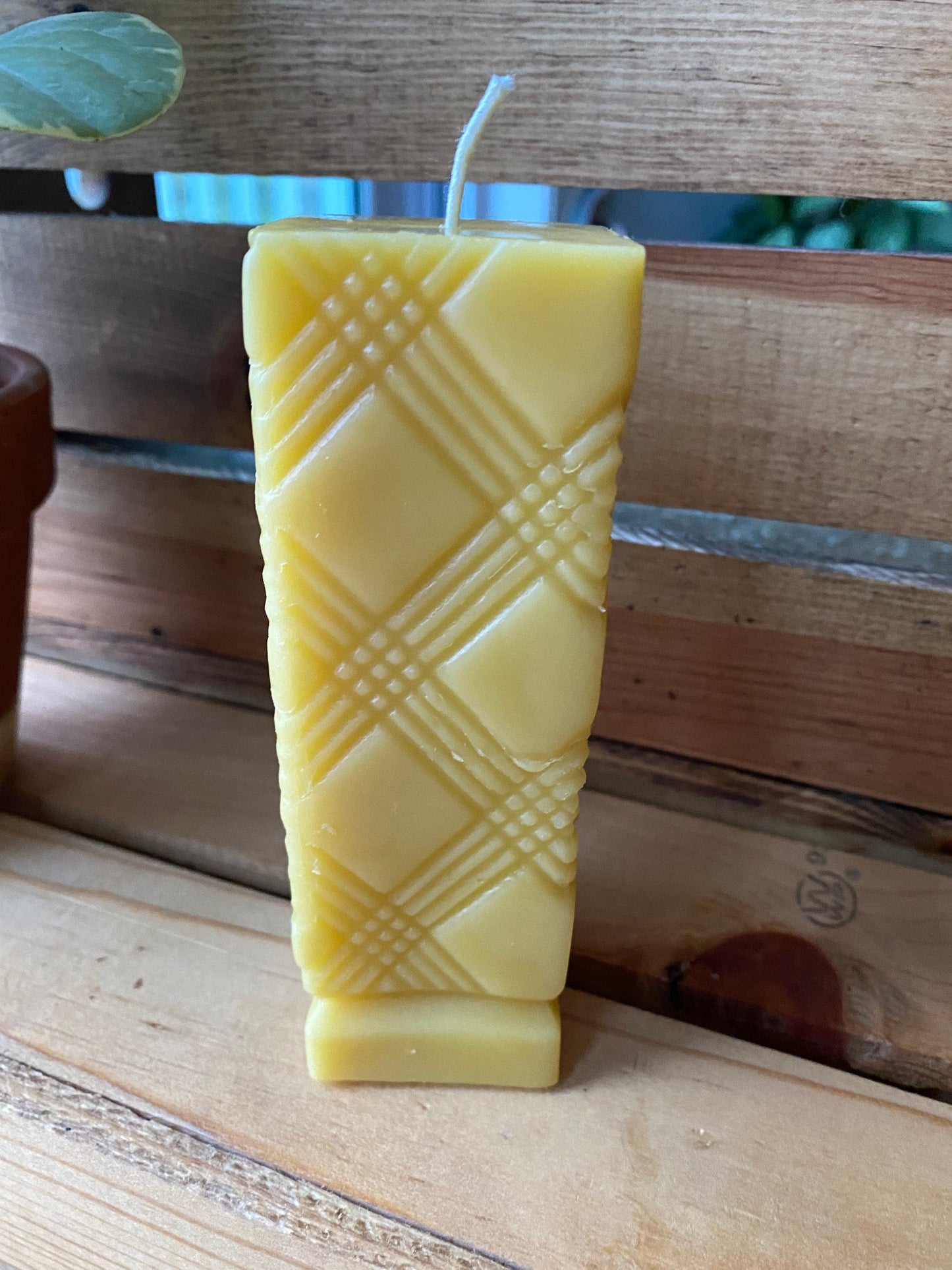 Beeswax Pillar Candle- Textured Plaid Patterned Pillar Candle- 5” tall