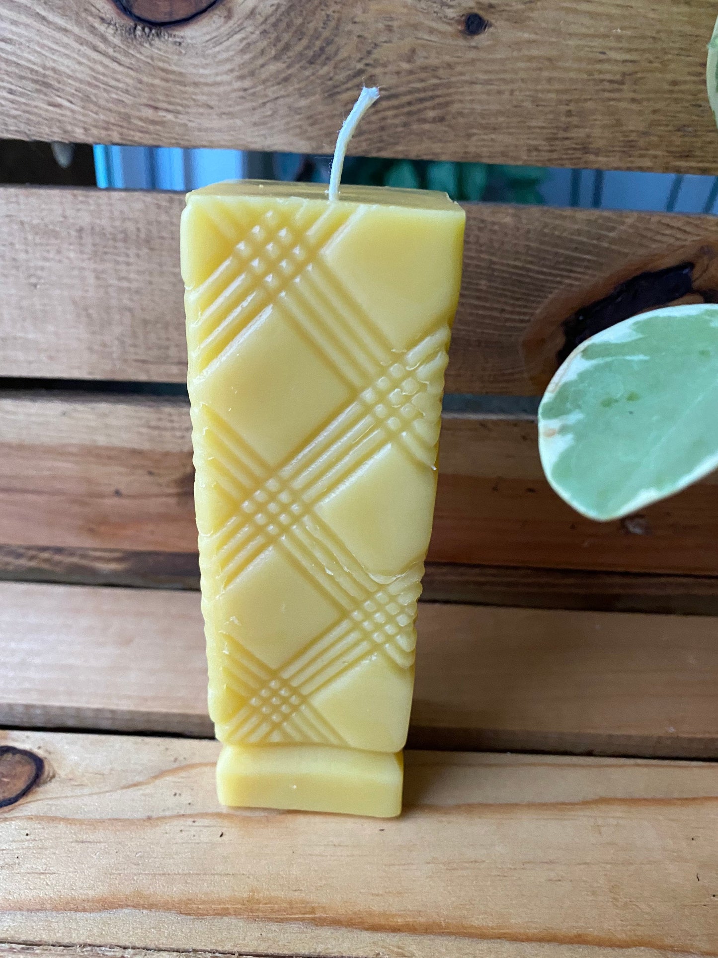 Beeswax Pillar Candle- Textured Plaid Patterned Pillar Candle- 5” tall