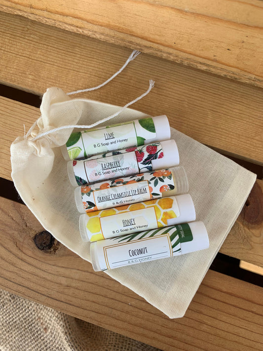 Set of 5 Lip Balms- in a Muslin bag (Buy 4, Get One Free