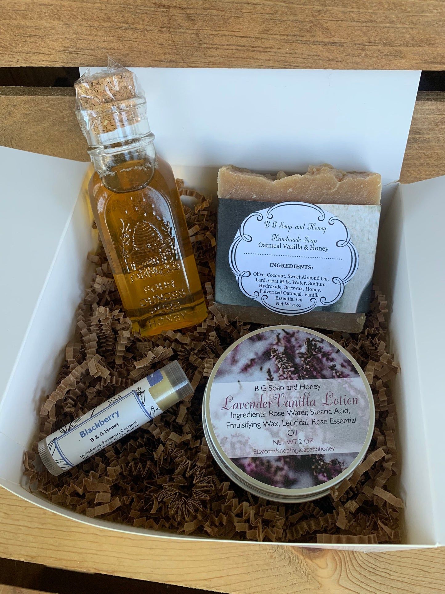 Gift Box- Gift Package- Mother’s Day- Vintage Honey Bottle- Vanilla Oatmeal Soap- Lip Balm- Lotion or Beeswax Sunflower and Honeybee Candle