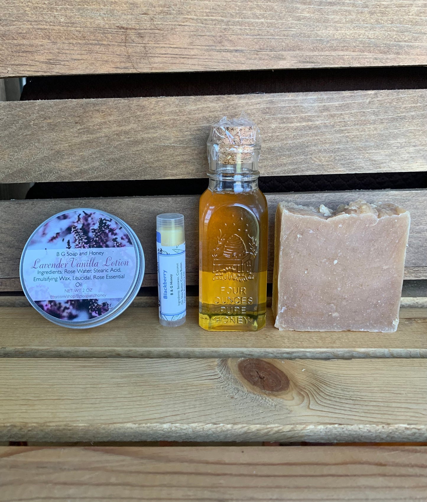 Gift Box- Gift Package- Mother’s Day- Vintage Honey Bottle- Vanilla Oatmeal Soap- Lip Balm- Lotion or Beeswax Sunflower and Honeybee Candle