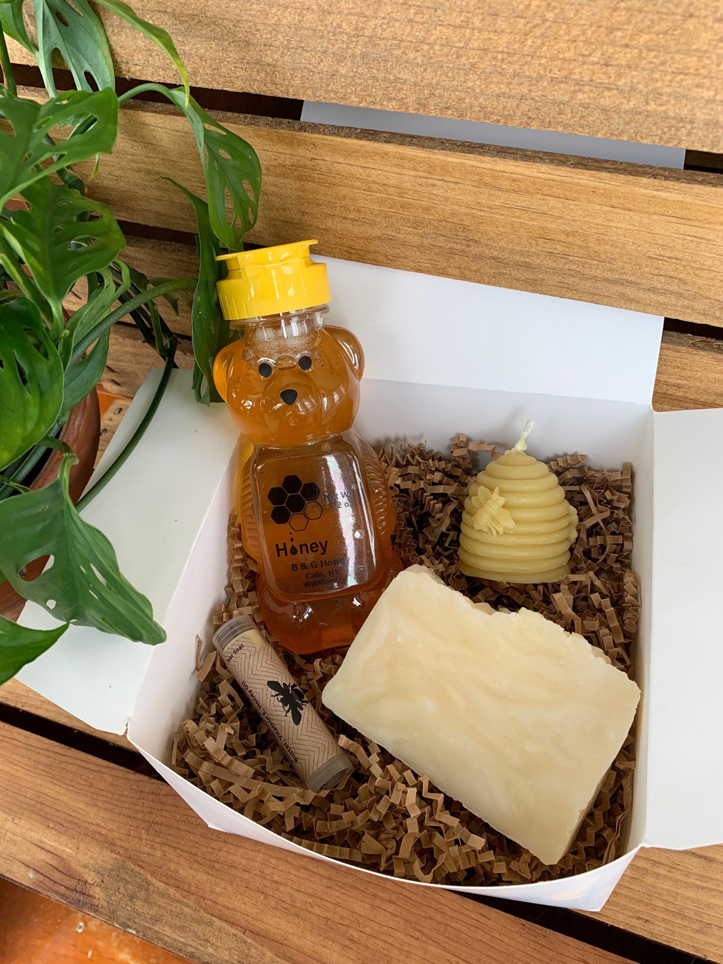 Gift Package- 12oz Honey Bear- Lemon Exfoliating Soap- Beehive Candle- Honey Lip Balm