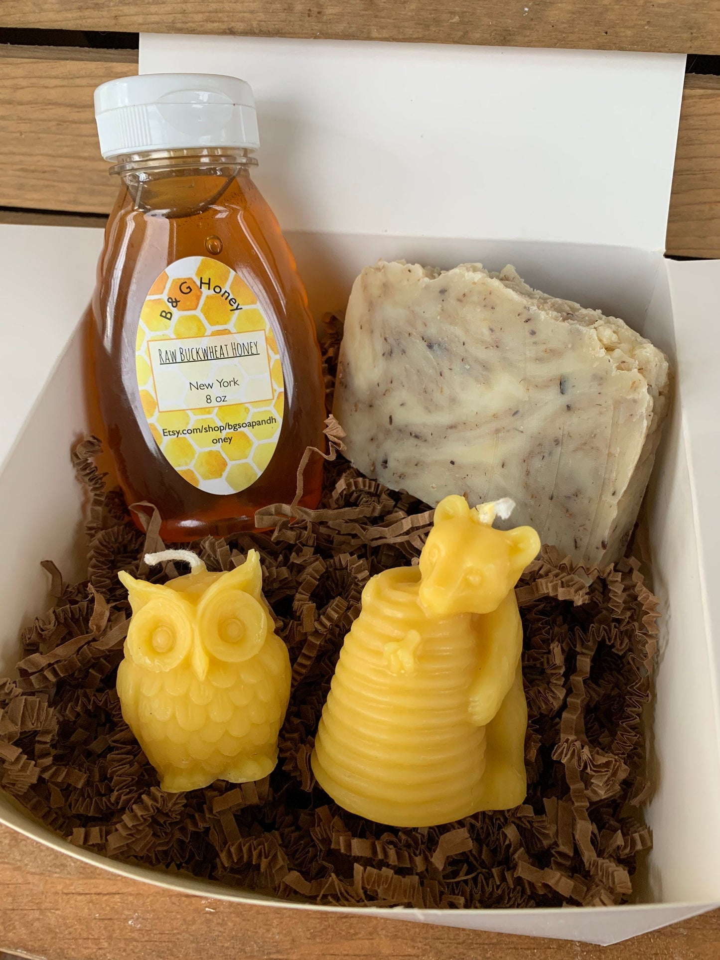 Forest Friends Gift Package- 8oz Wildflower Honey- Pine & Cedar Soap- Bear/Hive Candle- Owl Candle
