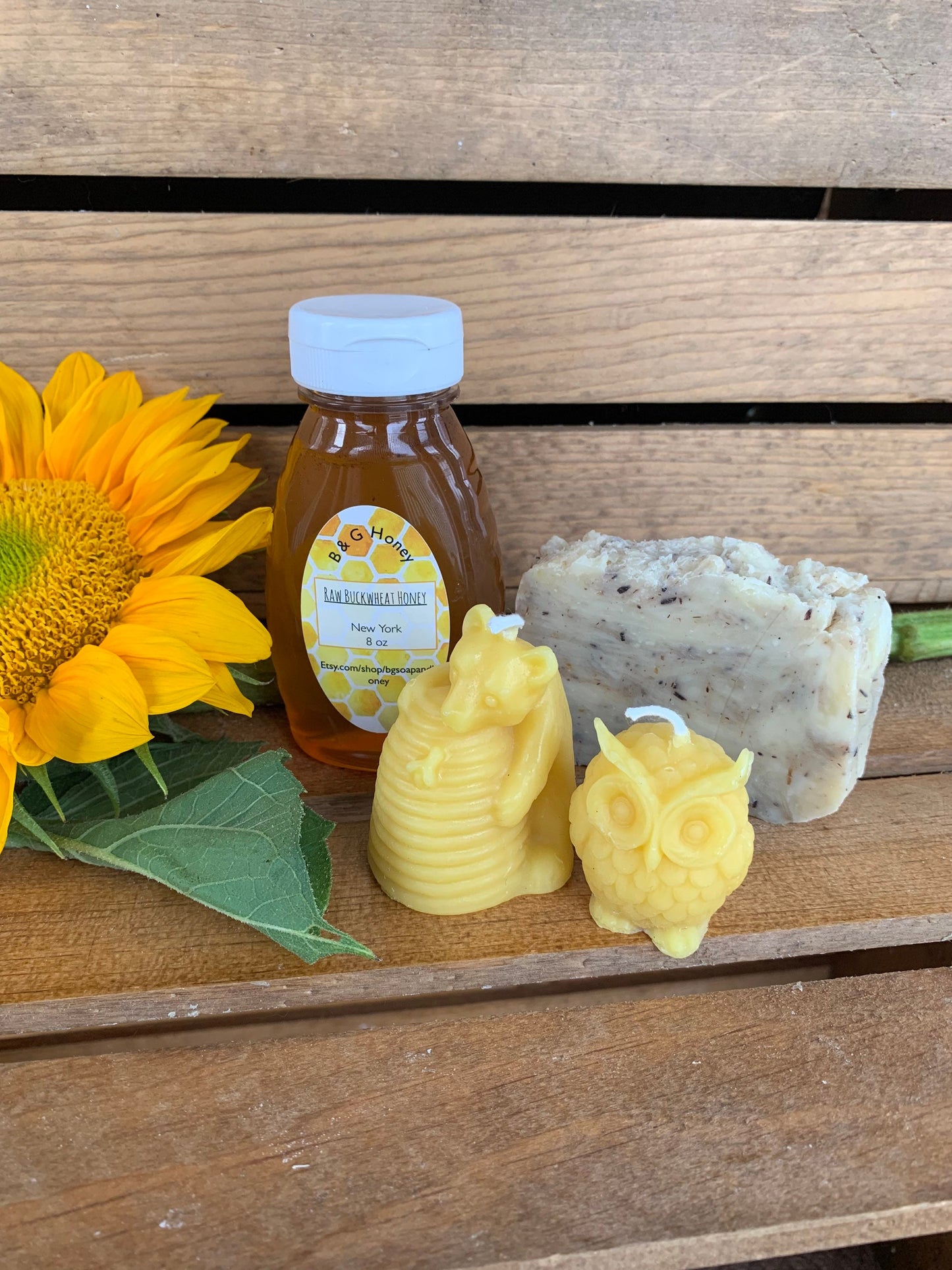 Forest Friends Gift Package- 8oz Wildflower Honey- Pine & Cedar Soap- Bear/Hive Candle- Owl Candle