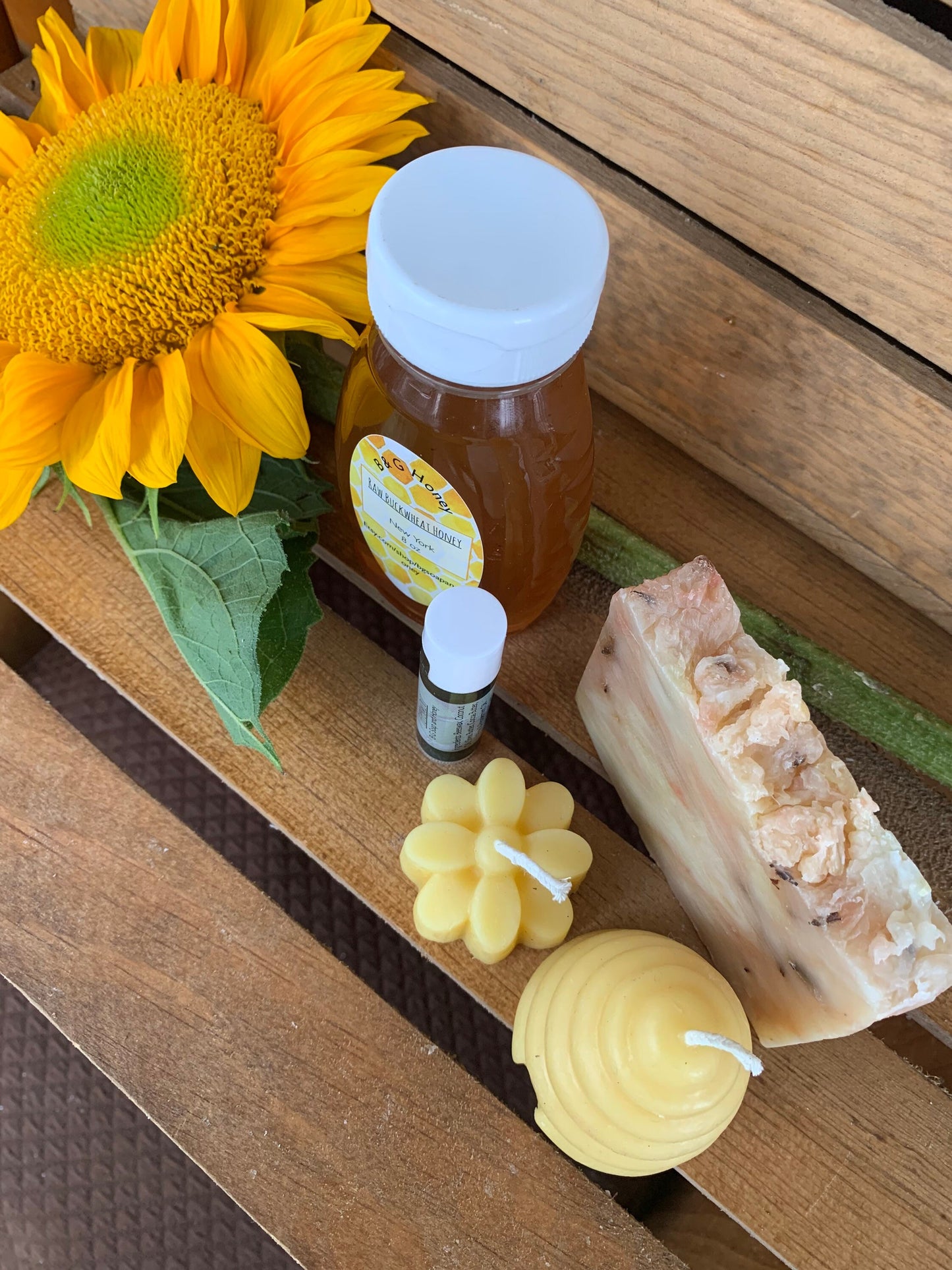 Gift Box- Gift Package- 8oz Raw Wildflower Honey bear, lip balm, beeswax candle, bar soap- Gift Set