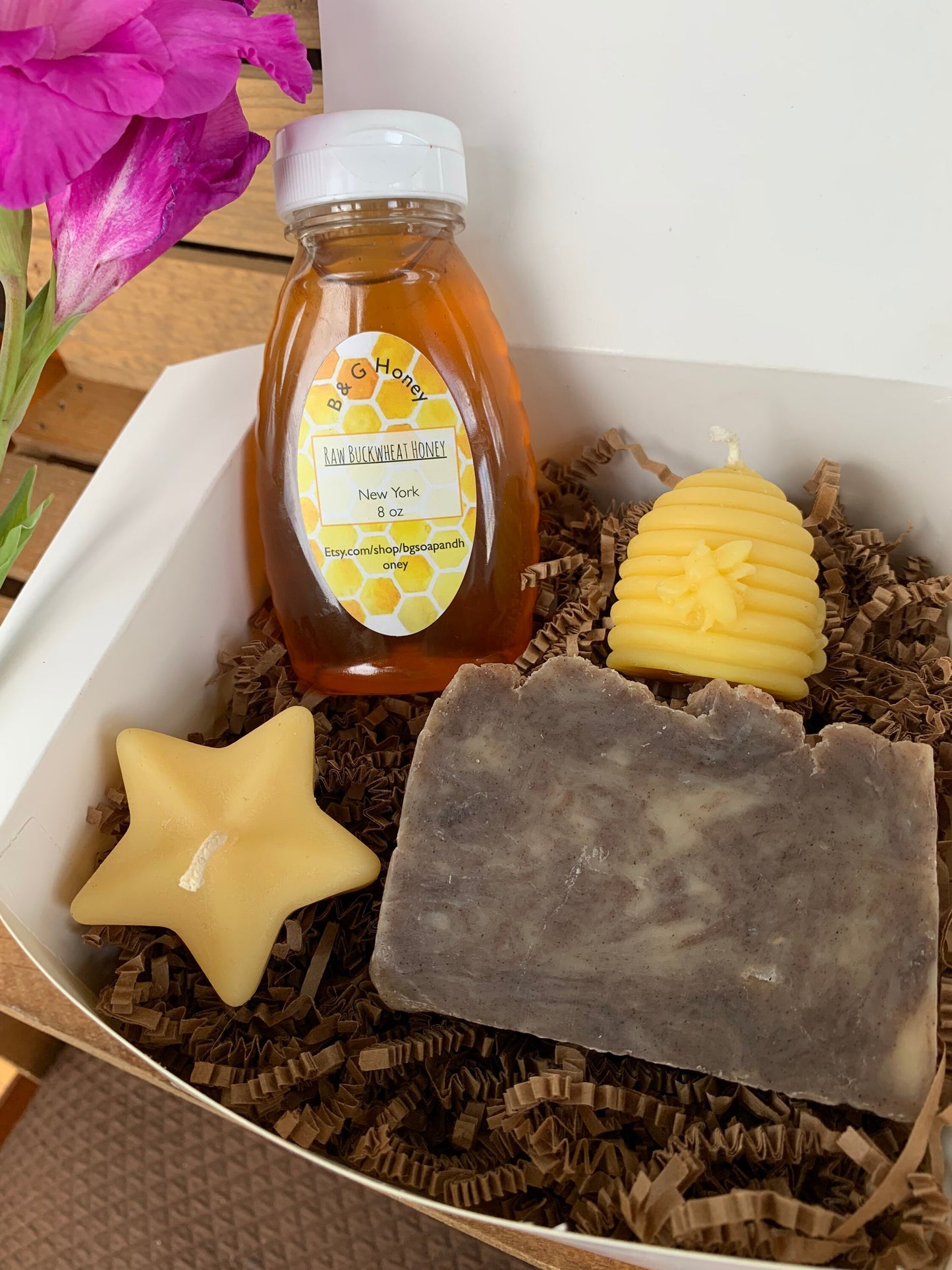 Gift Package- 6oz Raw Honey, Cinnamon Vanilla Soap, Hive Candle, Star Candle