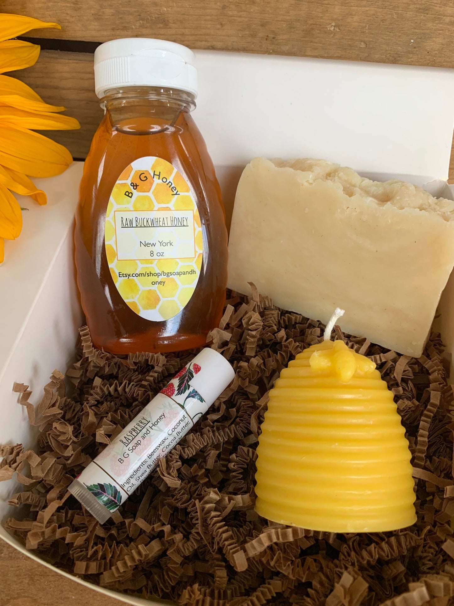 Gift Package- Gift Box- Gift Basket- Wildflower Honey-Orange Blossom Soap- Raspberry Lip Balm- Hive Candle