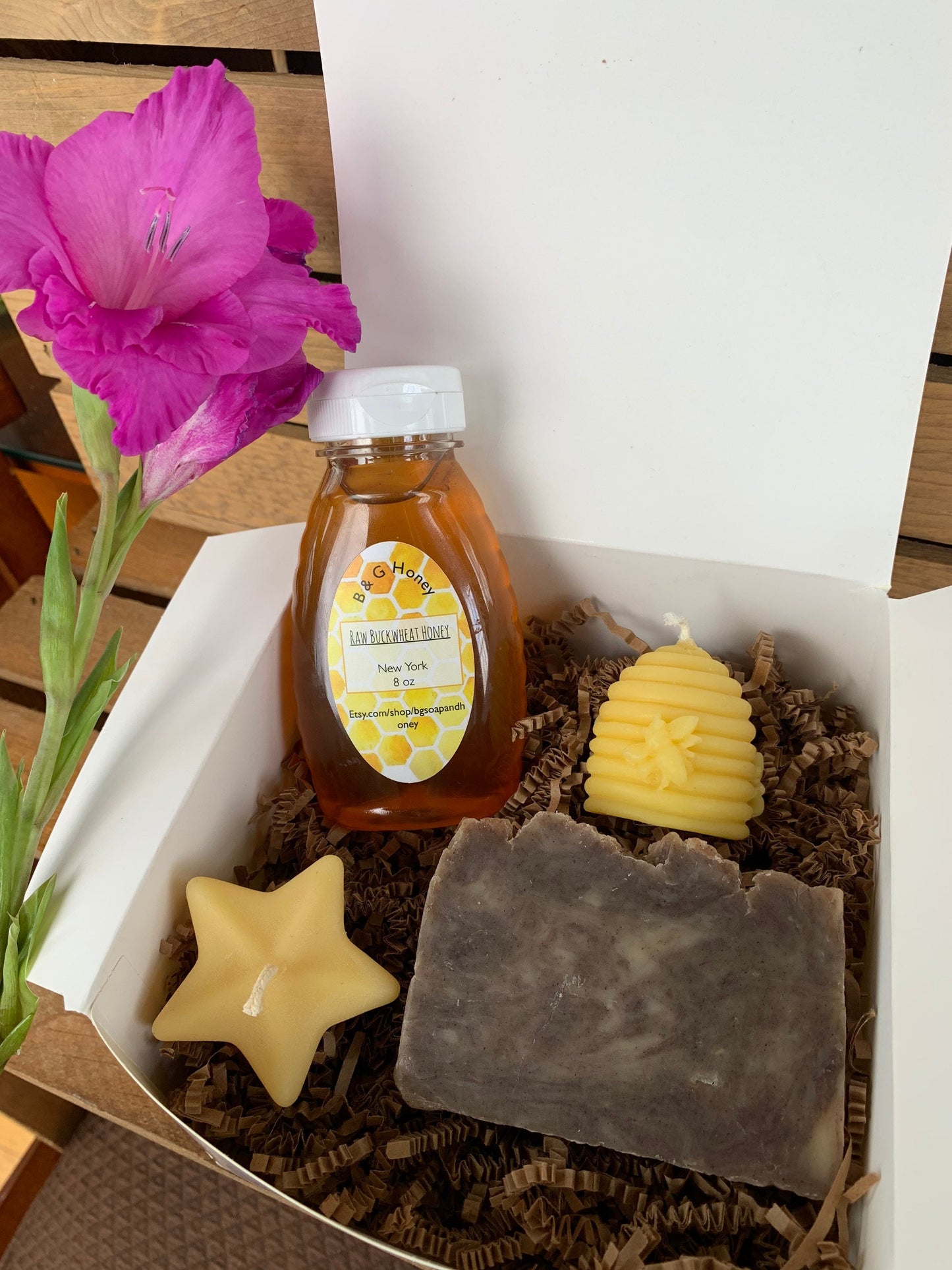 Gift Package- 6oz Raw Honey, Cinnamon Vanilla Soap, Hive Candle, Star Candle