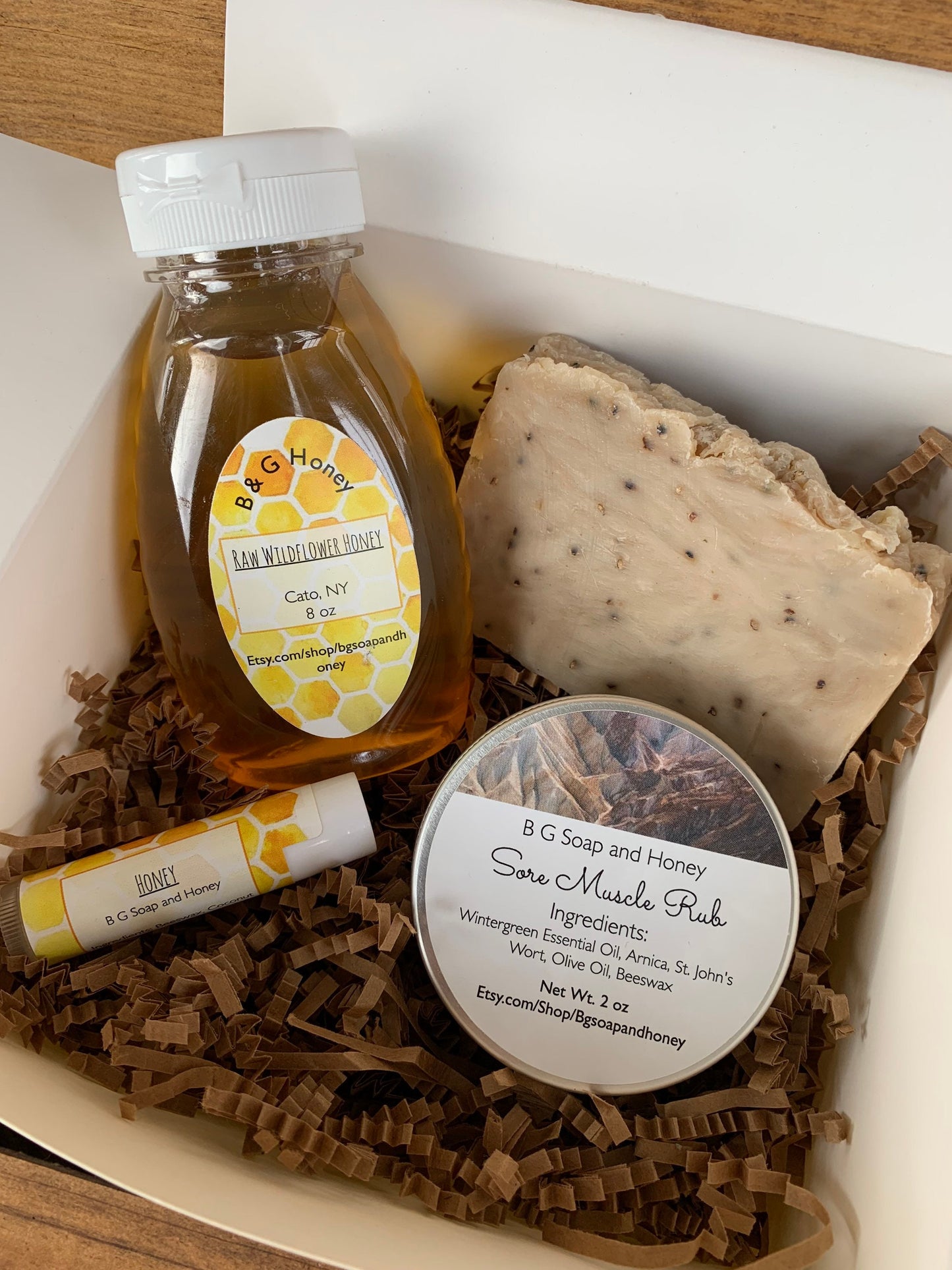Gift For The Gardener- Gardners Soap- 8 oz Honey Bottle- Lip Balm- Sore Muscle Rub Salve