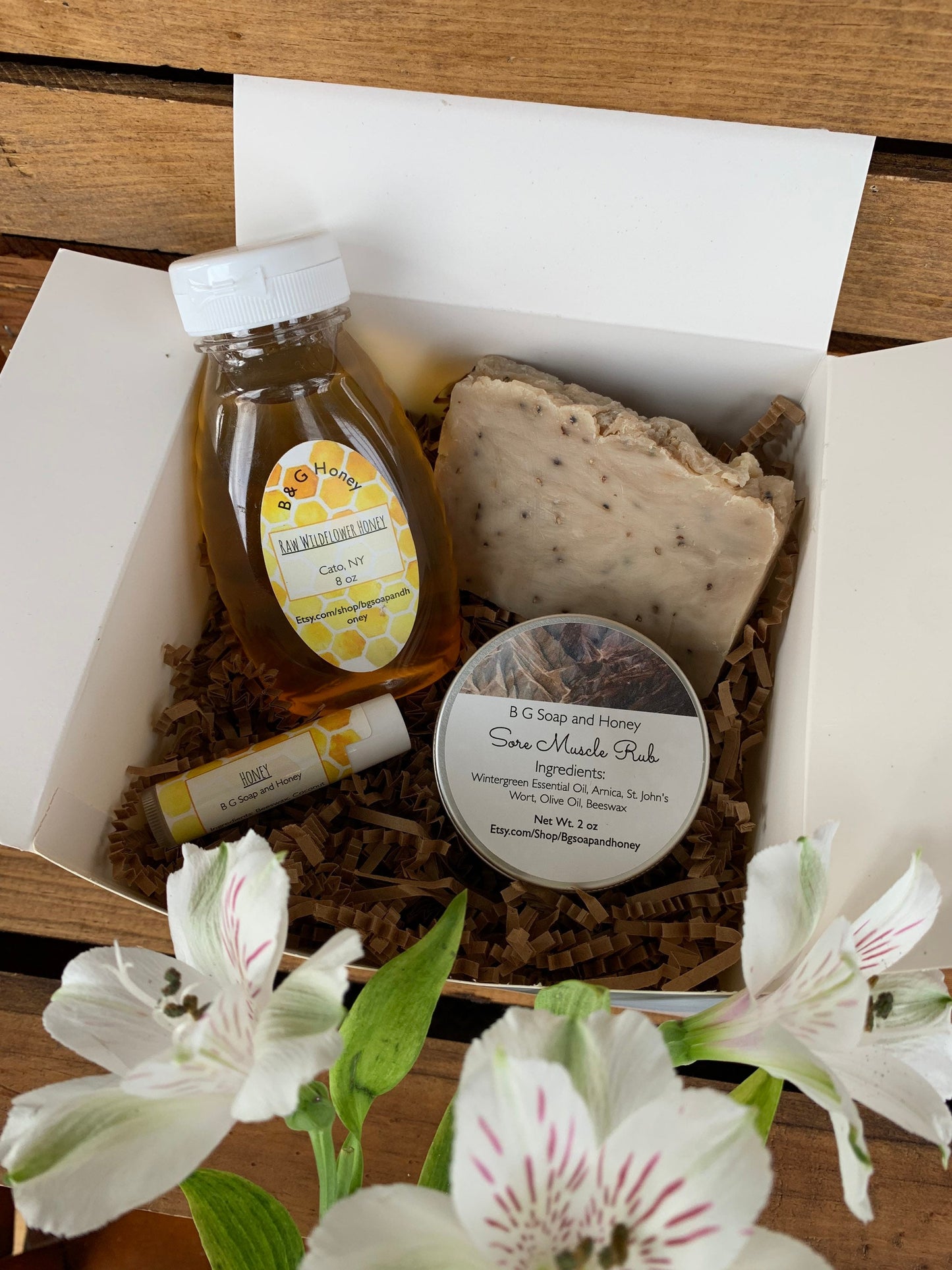 Gift For The Gardener- Gardners Soap- 8 oz Honey Bottle- Lip Balm- Sore Muscle Rub Salve