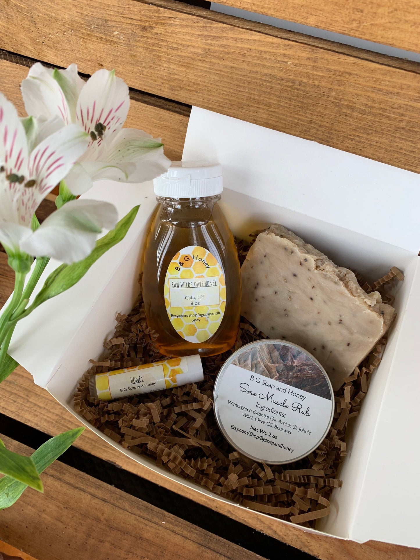 Gift For The Gardener- Gardners Soap- 8 oz Honey Bottle- Lip Balm- Sore Muscle Rub Salve