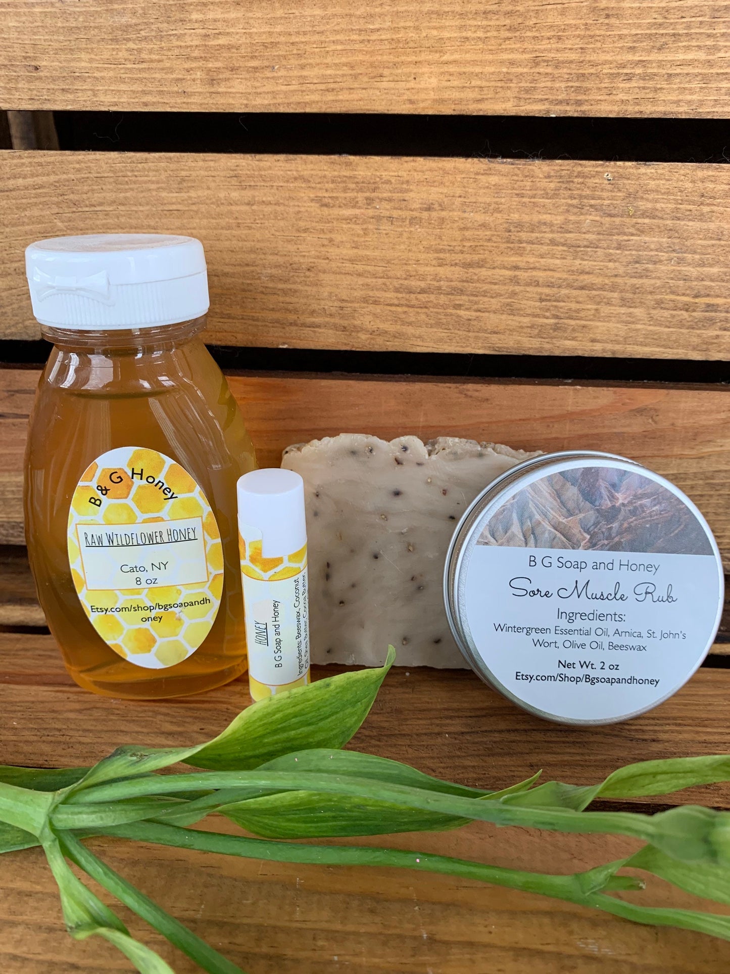 Gift For The Gardener- Gardners Soap- 8 oz Honey Bottle- Lip Balm- Sore Muscle Rub Salve