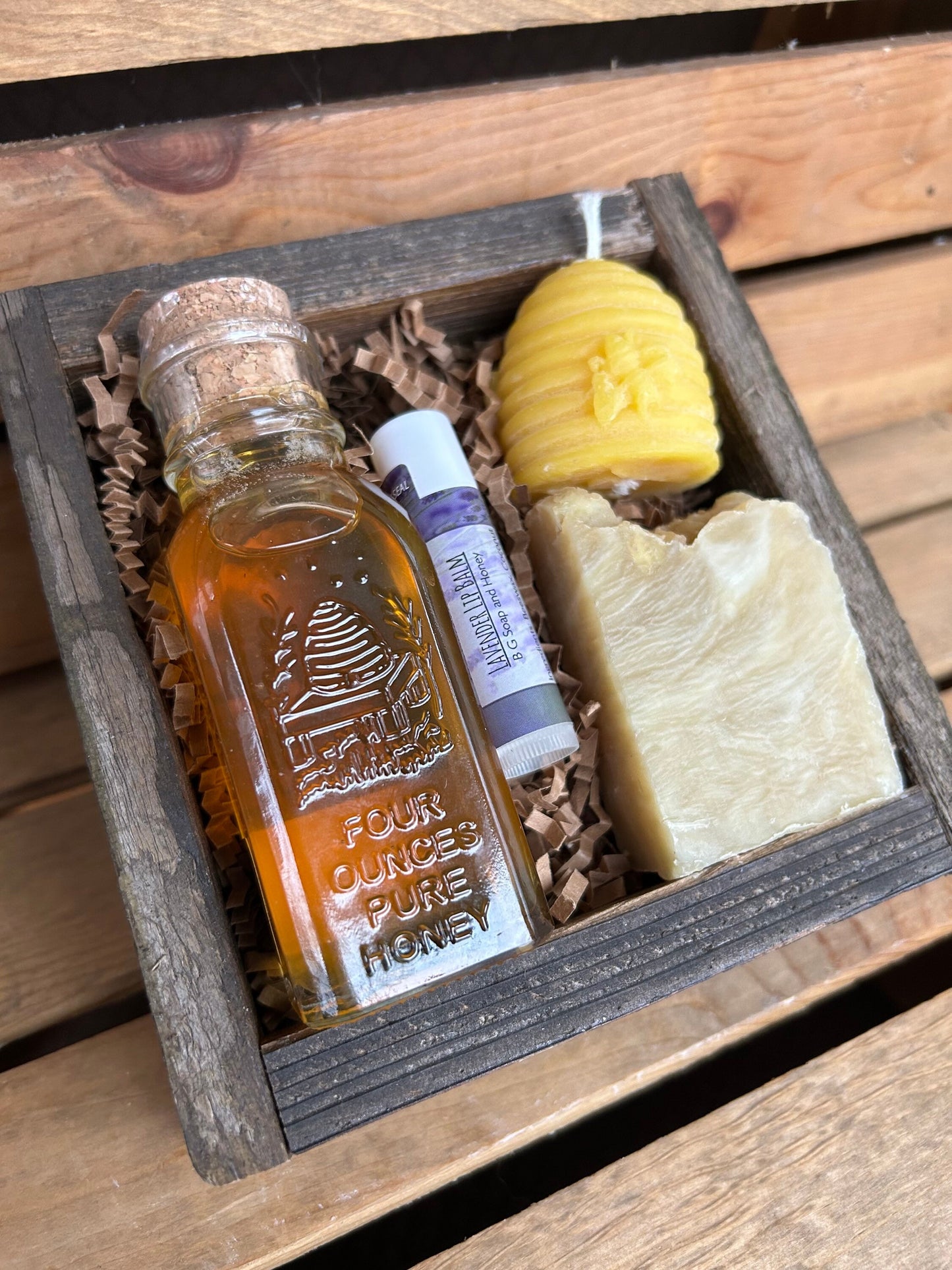 Gift Box Set - 4oz Raw Wildflower Honey Muth - Beeswax Beehive Candle - Warm Vanilla Soap- Beeswax Lip Balm
