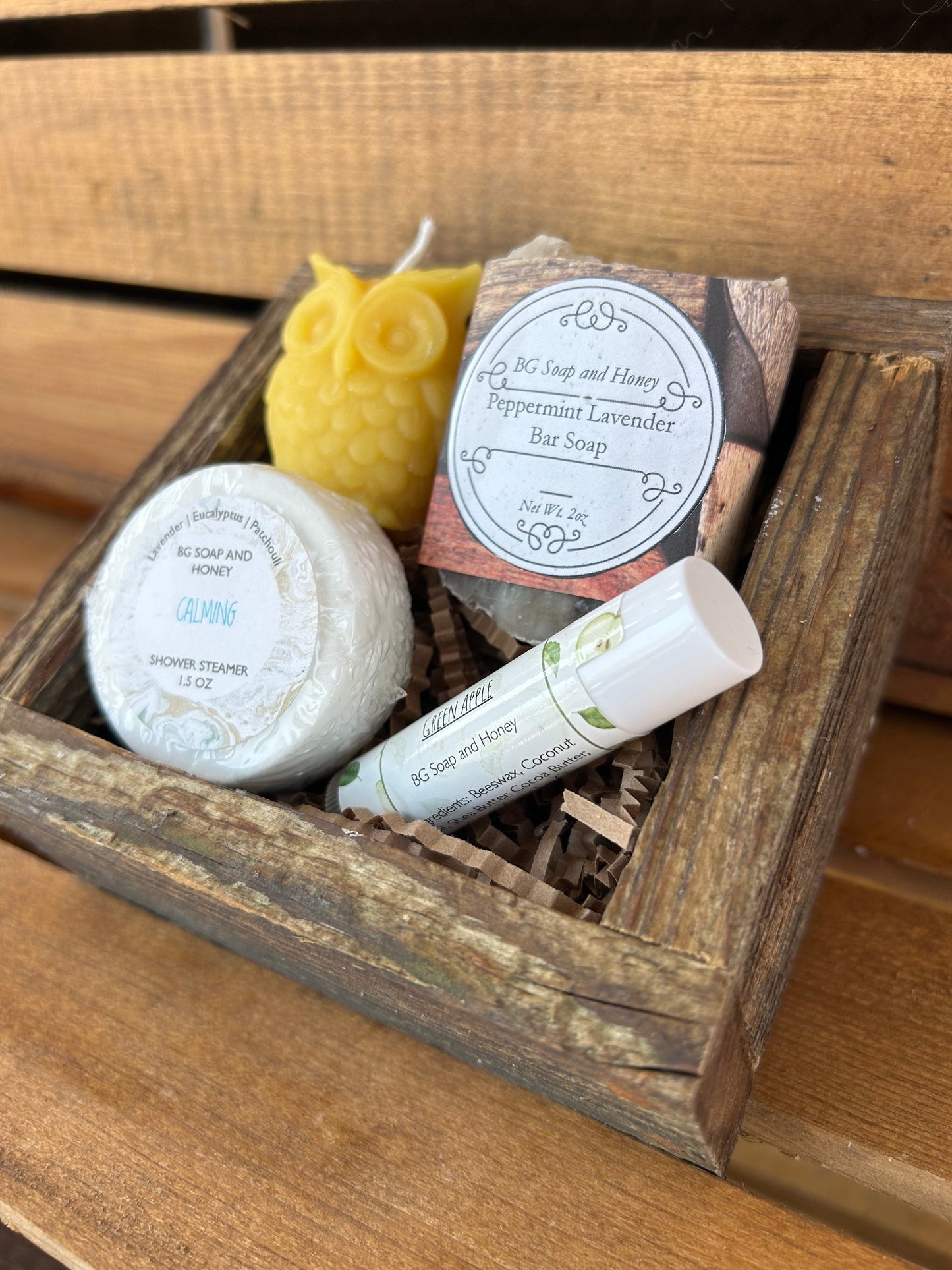 Small Wooden Gift Box Set - 2 oz Peppermint Lavender Mini Beeswax Soap Bar - Beeswax Lip Balm - Shower Steamer - Beeswax Owl Candle