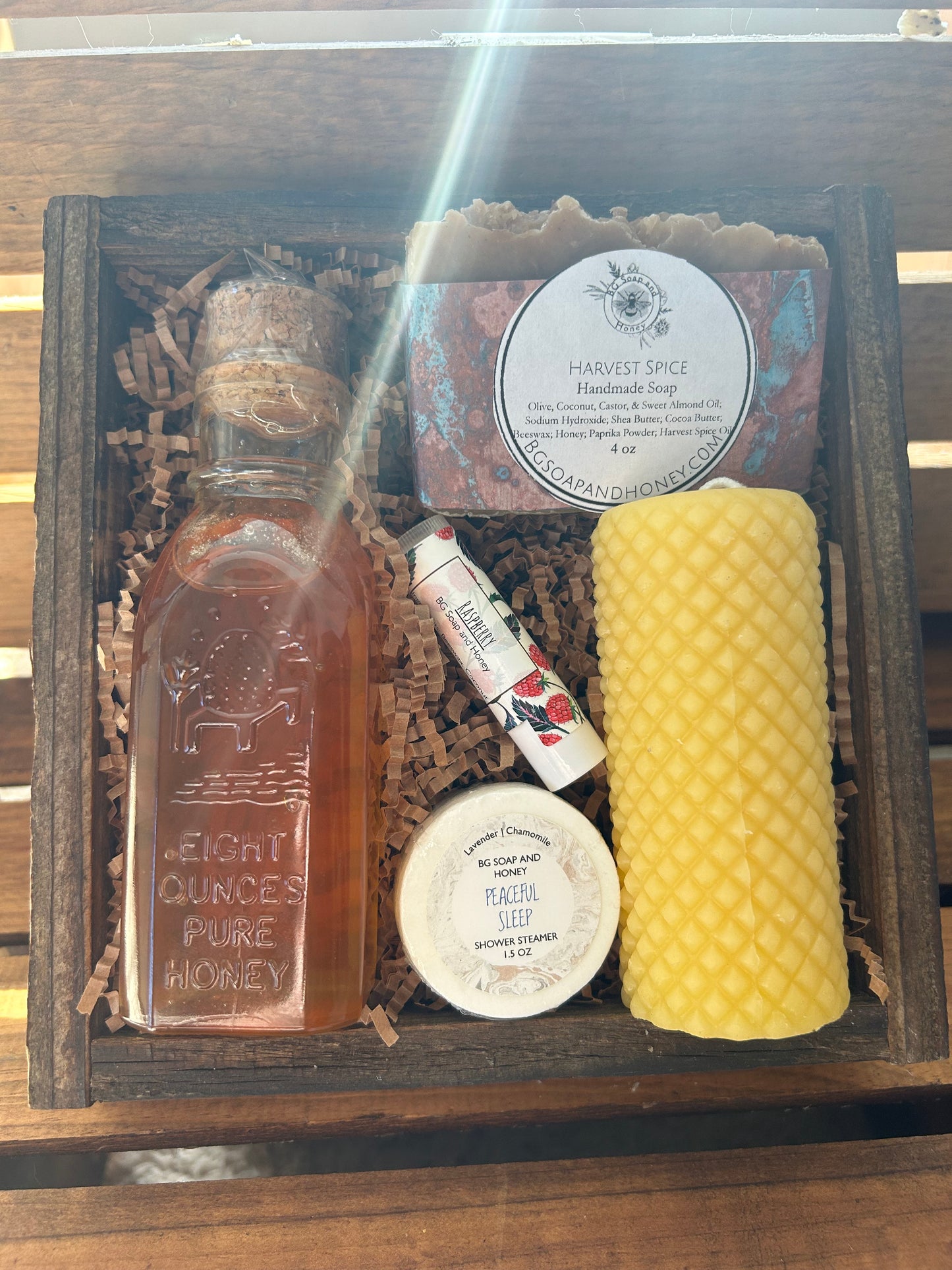 Gift Set in Wooden Gift Box | Harvest Spice Soap | 8oz Honey Muth | 6oz Beeswax Pillar Candle | Beeswax Lip Balm | Shower Steamer