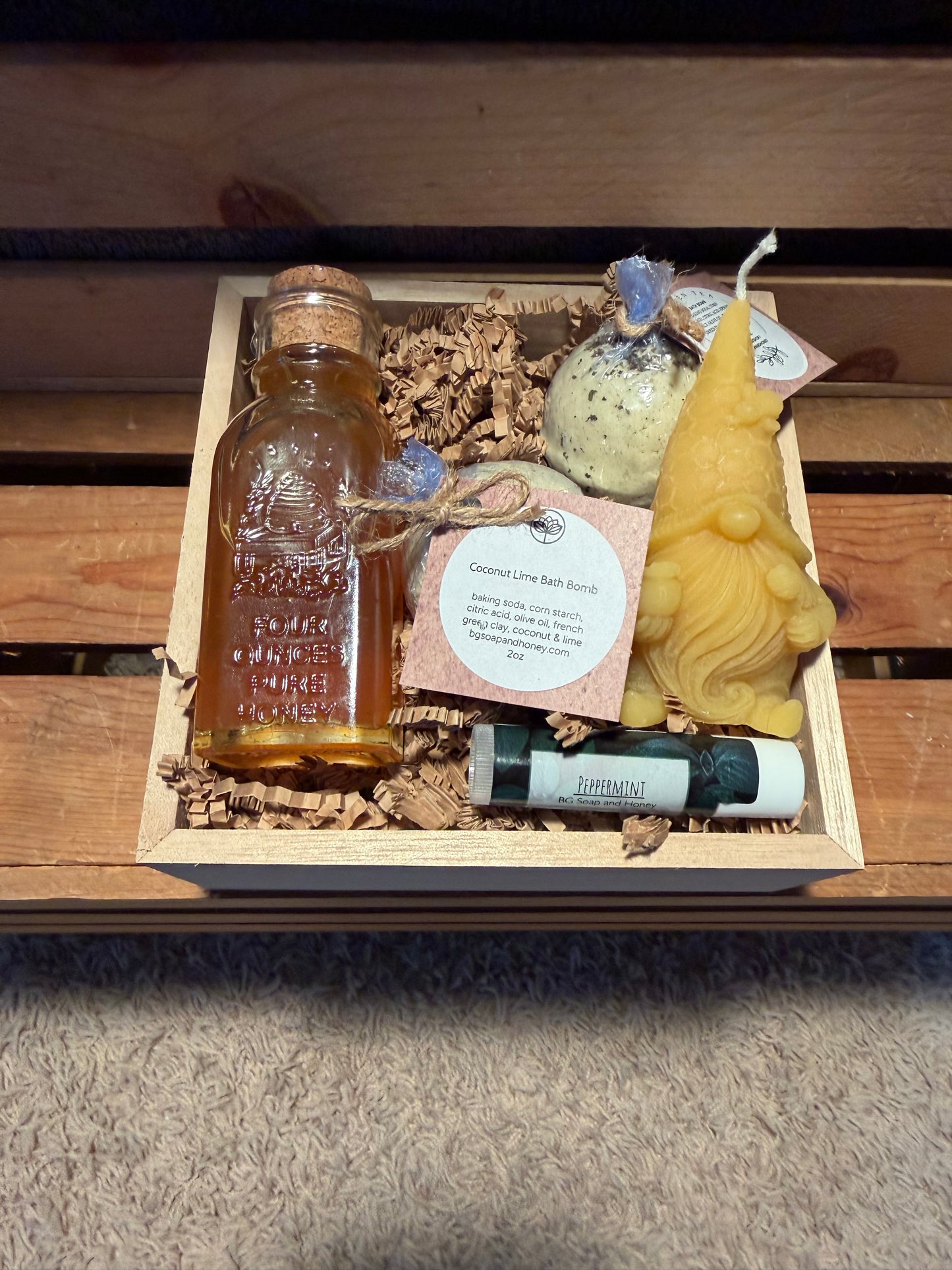 All Natural Gift Box: Raw Honey, Beeswax Gnome Candle, Bath Bombs, Lip Balm