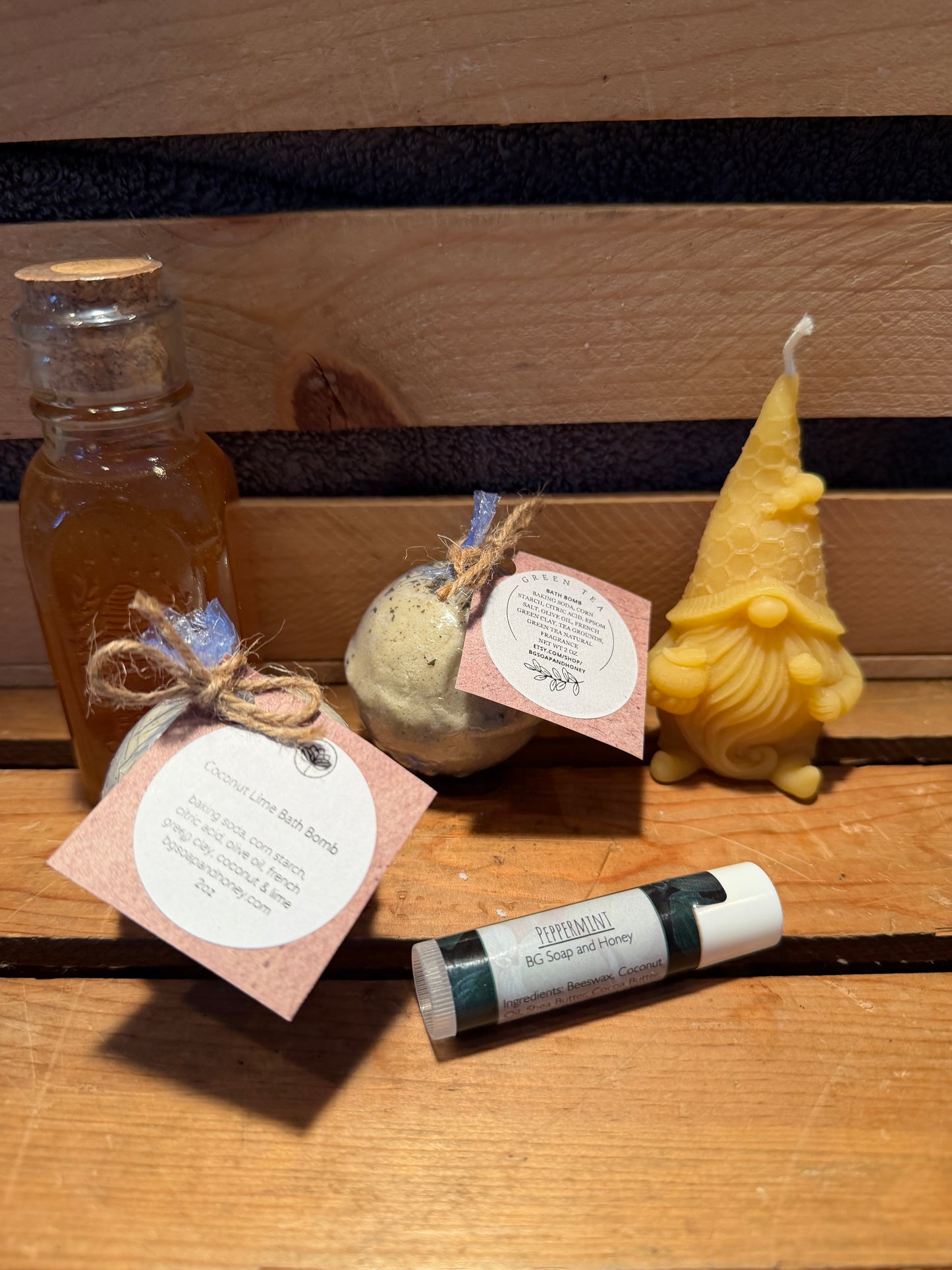 All Natural Gift Box: Raw Honey, Beeswax Gnome Candle, Bath Bombs, Lip Balm