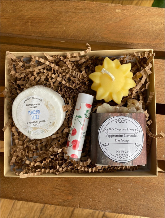 Shower Steamer, Peppermint Lavender Soap, Lip Balm, Flower Candle- Gift Box
