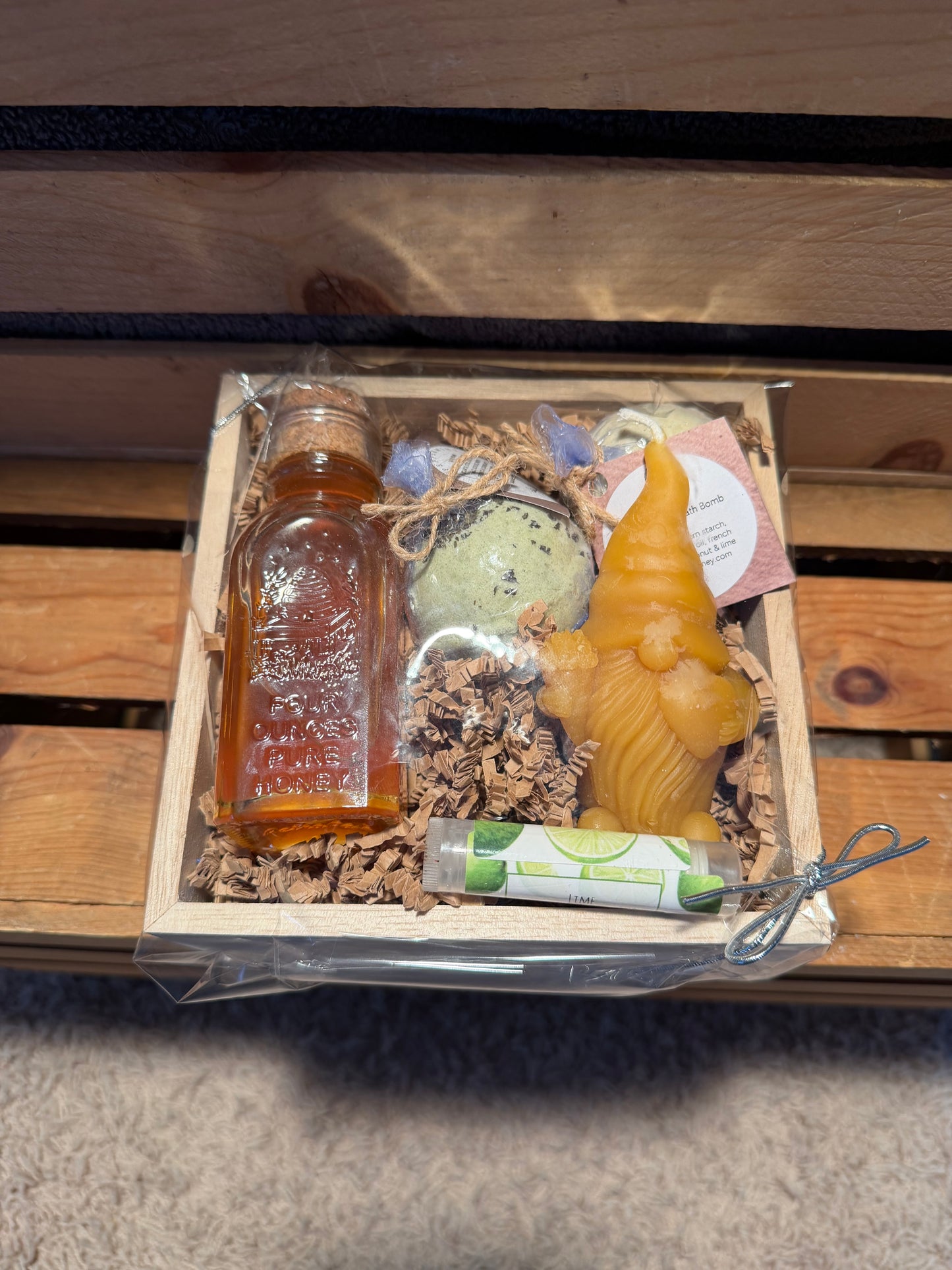 All Natural Gift Box: Raw Honey, Beeswax Gnome Candle, Bath Bombs, Lip Balm