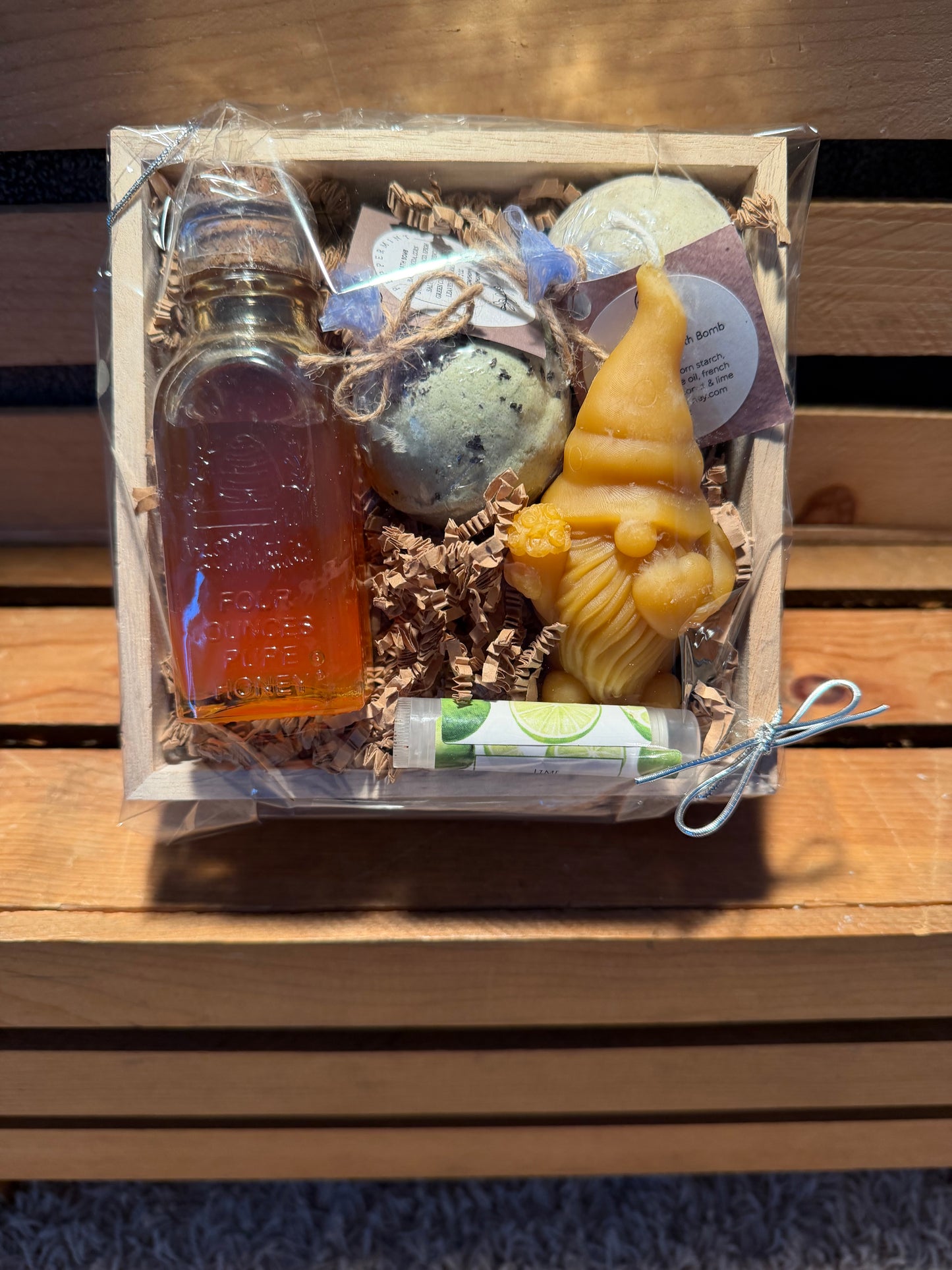All Natural Gift Box: Raw Honey, Beeswax Gnome Candle, Bath Bombs, Lip Balm