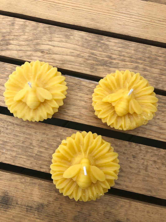 Beeswax Candles - Set of three floating sunflowers with honeybees