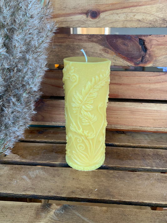 Beeswax Pillar Candle- fern leaf cylinder