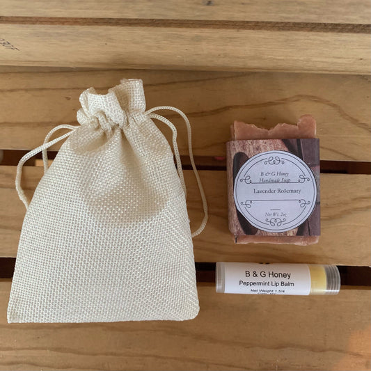 Natural Soap Gift Bag-Muslin Bag, lip Balm, Natural Handmade Soap- Muslin bag gift- teacher gift- thank you gift- gift package