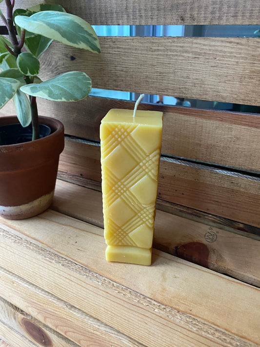 Beeswax Pillar Candle- Textured Plaid Patterned Pillar Candle- 5” tall
