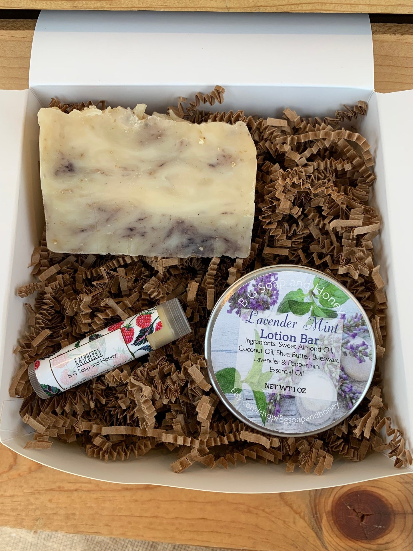 Gift Package- Gift Box- Peppermint Lavender Soap- Lavender Mint Lotion Bar- Lip Balm