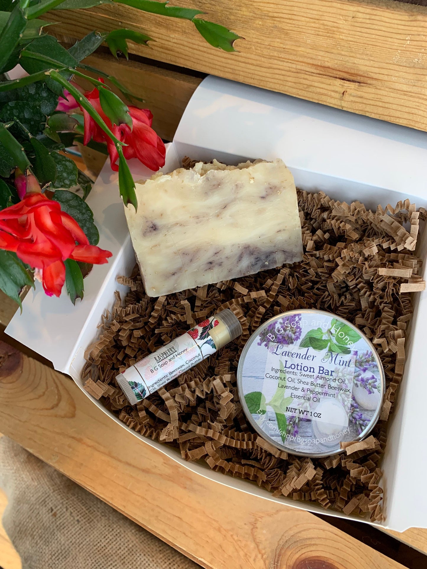 Gift Package- Gift Box- Peppermint Lavender Soap- Lavender Mint Lotion Bar- Lip Balm