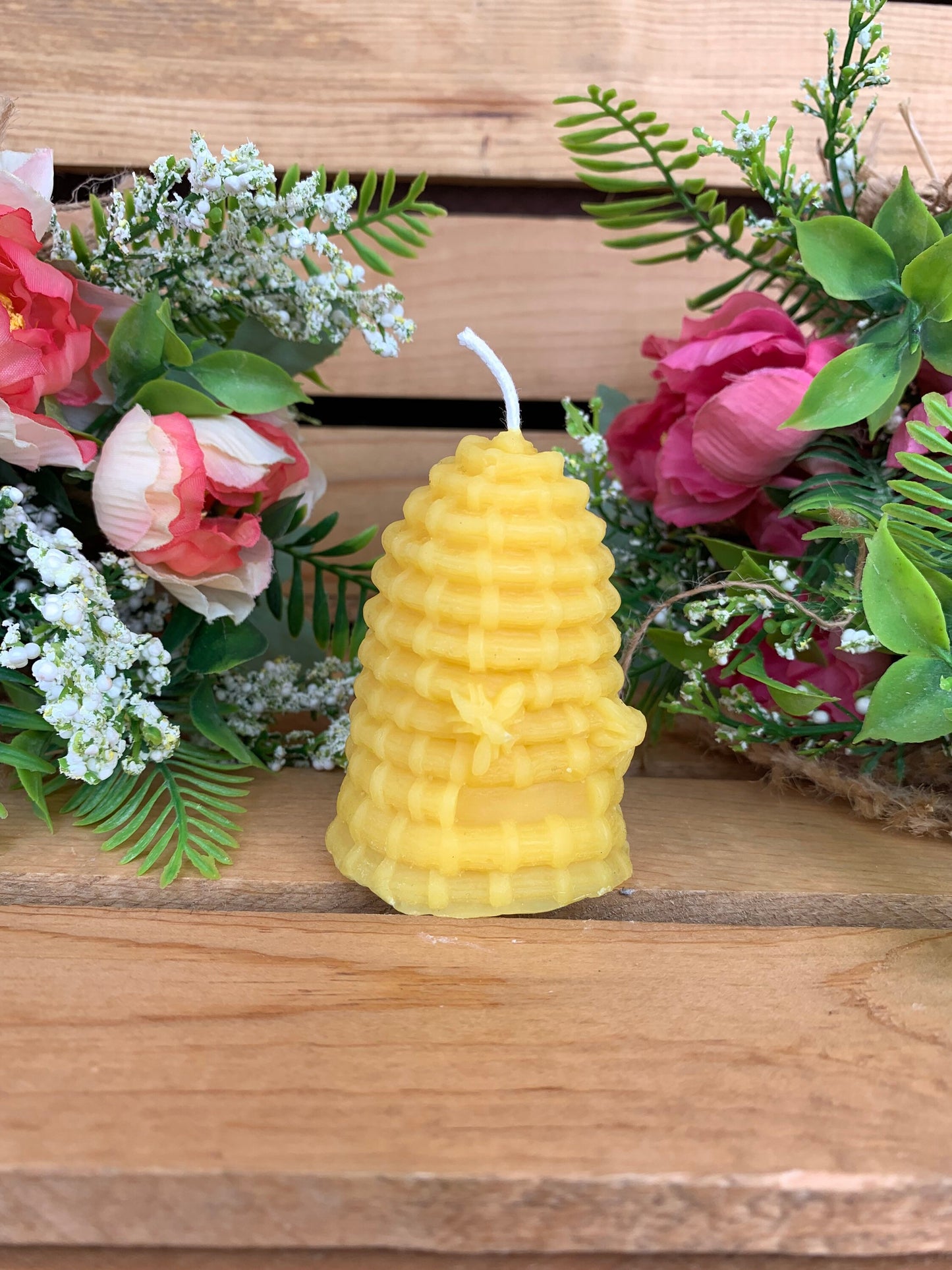 Beehive- Beeswax Candle- Hive shaped with bees