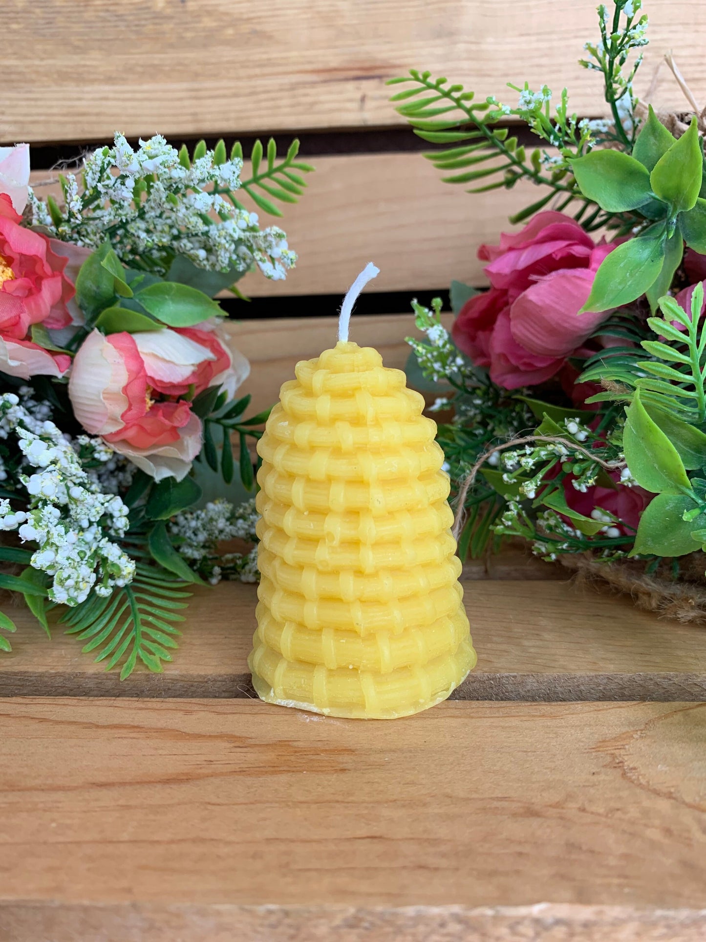 Beehive- Beeswax Candle- Hive shaped with bees