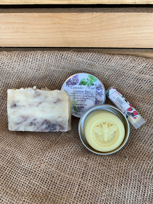 Gift Package- Gift Box- Peppermint Lavender Soap- Lavender Mint Lotion Bar- Lip Balm