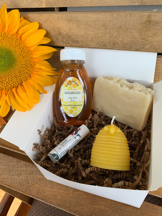 Gift Package- Gift Box- Gift Basket- Wildflower Honey-Orange Blossom Soap- Raspberry Lip Balm- Hive Candle